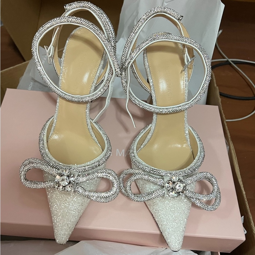 Mach & Mach White Wedding Sparkly Heel - Double Bow Pointed Toe Pump - Picture 2 of 5